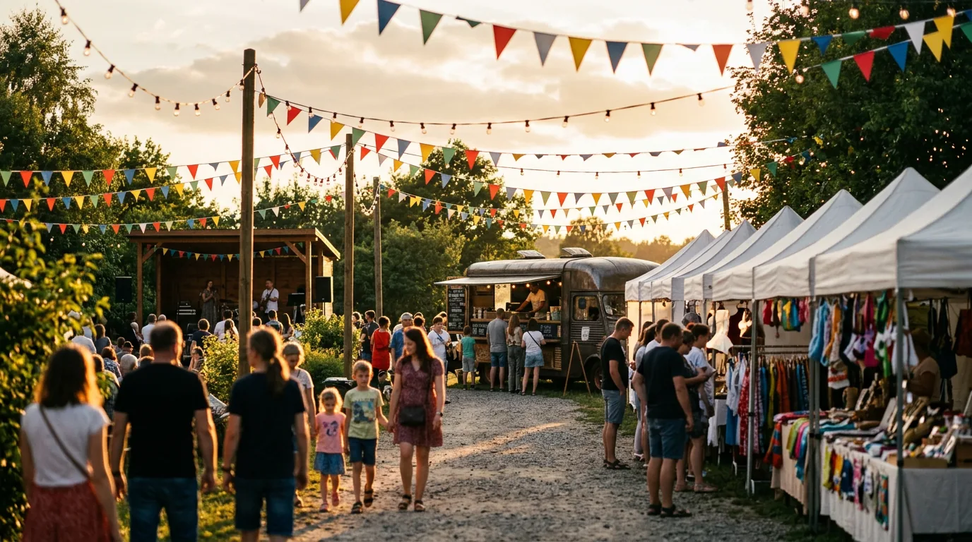 Stoiska i food truck na festynie plenerowym o zachodzie słońca