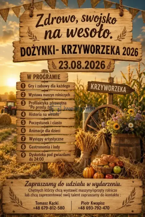 Plakat: Dożynki Krzyworzeka 2026 – „Zdrowo, swojsko na wesoło”
