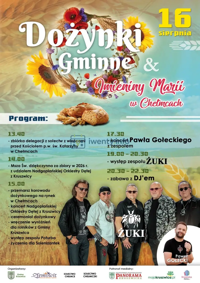 Plakat: Dożynki Gminne 2026 oraz Imieniny Marii w Chełmcach 🌾